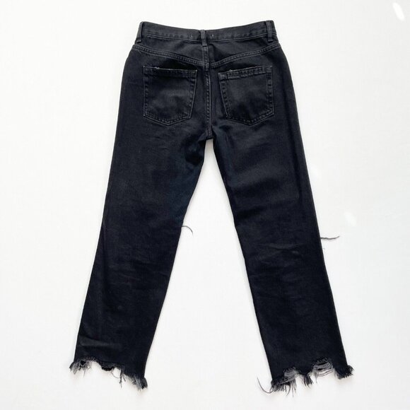 Free People Destroyed Straight Jeans 25 Distressed Black Denim High Rise Raw Hem - Picture 11 of 12